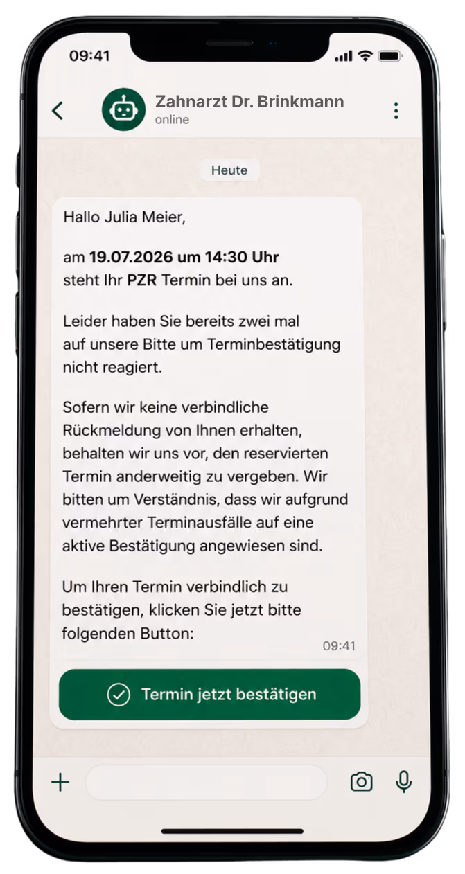 newio interaktive Terminbestätigung – WhatsApp-Nachricht mit Bestätigungs-Button auf dem Smartphone des Patienten